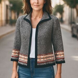 ALFRED DUNNER Women Black Blazer with spread collar open front 3/4 Sleeve 6P